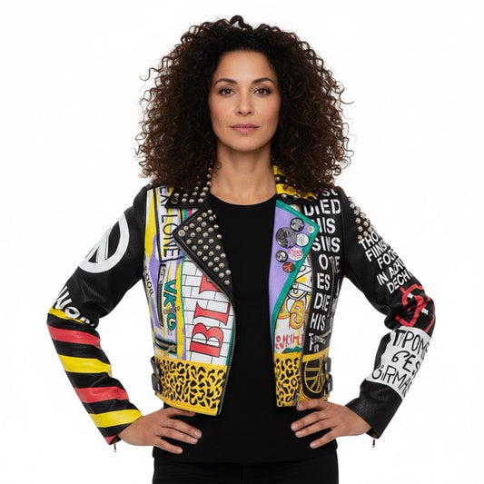 Graphic Patchwork PU Leather Studded Biker Jacket Gomaki