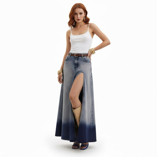 High Waist Vintage Denim Maxi Skirt Gomaki