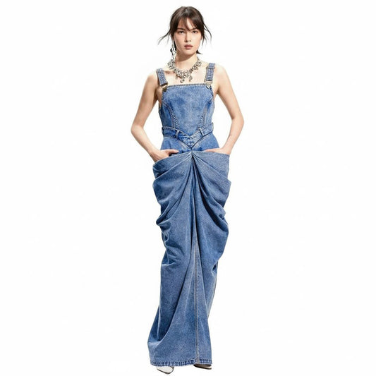 Luxury Draped Denim Maxi Dress Gomaki