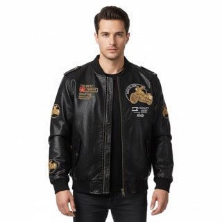 Men Black Genuine Leather Motorcycle Bomber Jacket Gomaki