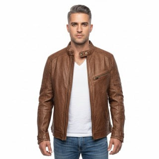 Men Genuine Leather Slim Fit Biker Jacket Gomaki