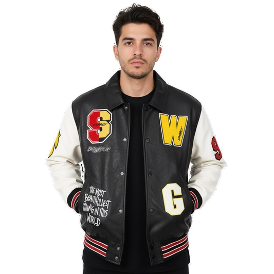 Men Statement Patch Leather Jacket Gomaki