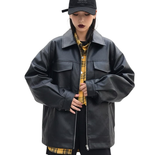 Oversized Genuine Leather Zip Jacket Gomaki
