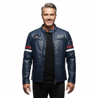 Racing Stripe Biker Jacket PU Leather Gomaki