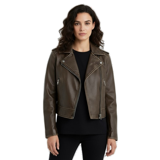 Vintage Brown Cropped PU Leather Biker Jacket Gomaki