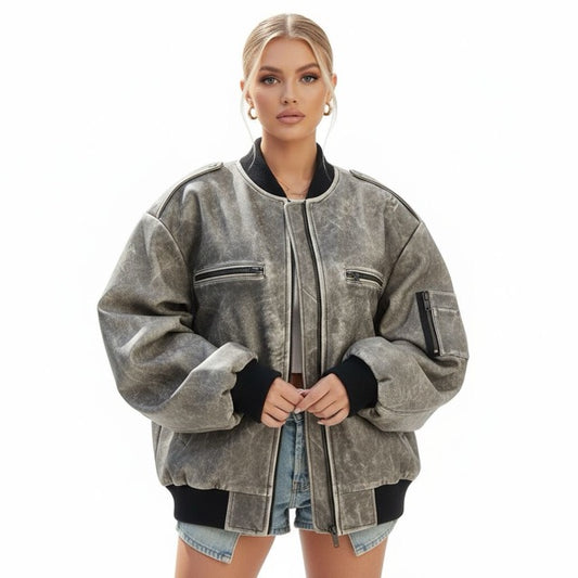 Woman Faux Leather Bomber Jacket Gomaki