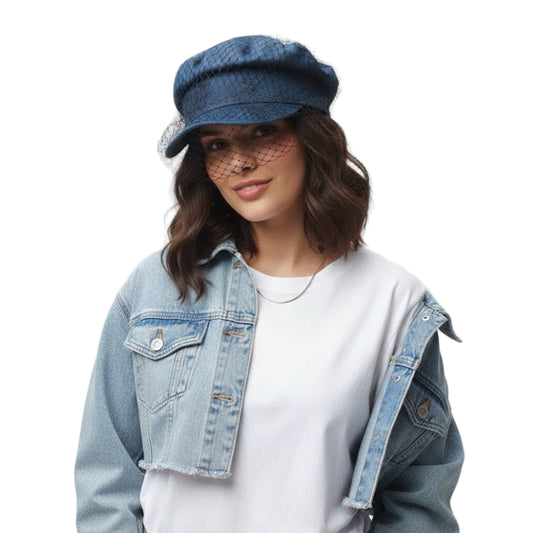 Women Denim Beret Cap With Veil Gomaki