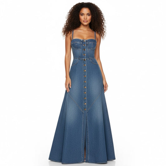 Women Denim Maxi Dress Gomaki