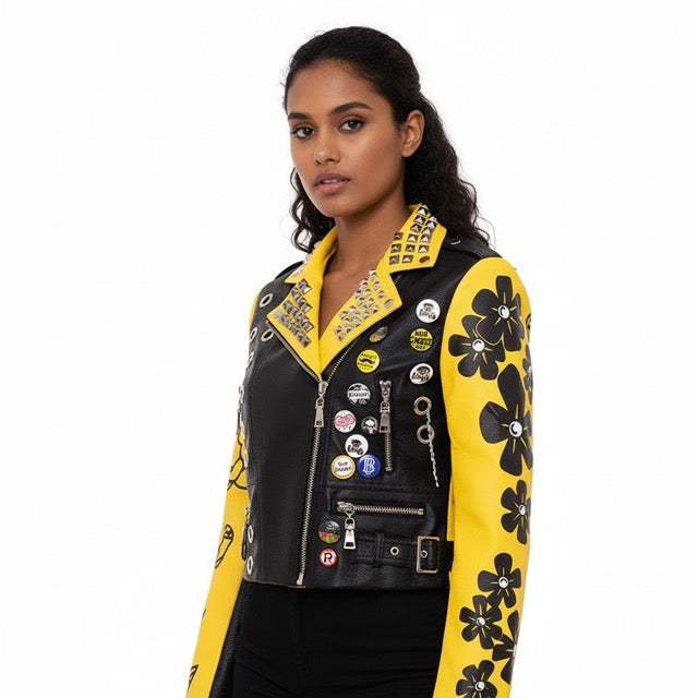 Yellow And Black PU Leather Biker Jacket Gomaki