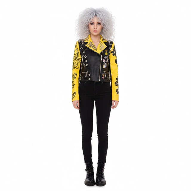 Yellow And Black PU Leather Biker Jacket Gomaki