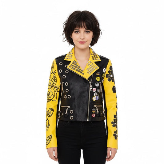 Yellow And Black PU Leather Biker Jacket Gomaki
