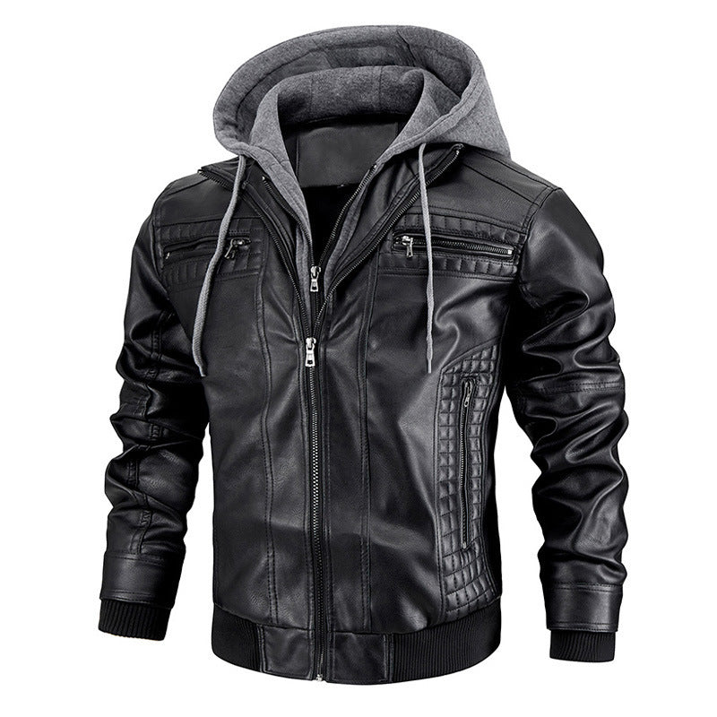 Men Faux Leather Jacket Removable Hood Gomaki