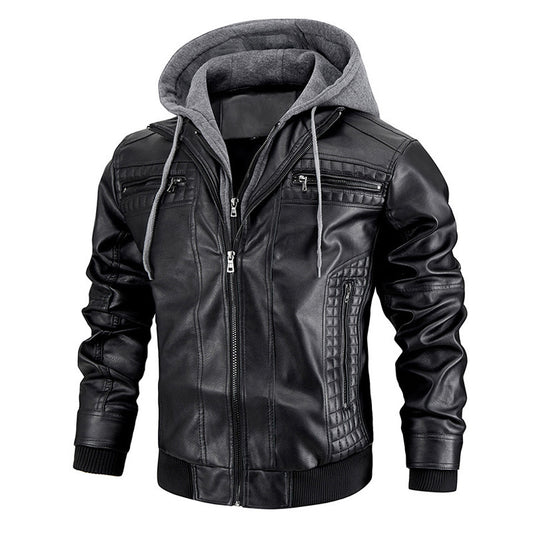 Men Faux Leather Jacket Removable Hood Gomaki