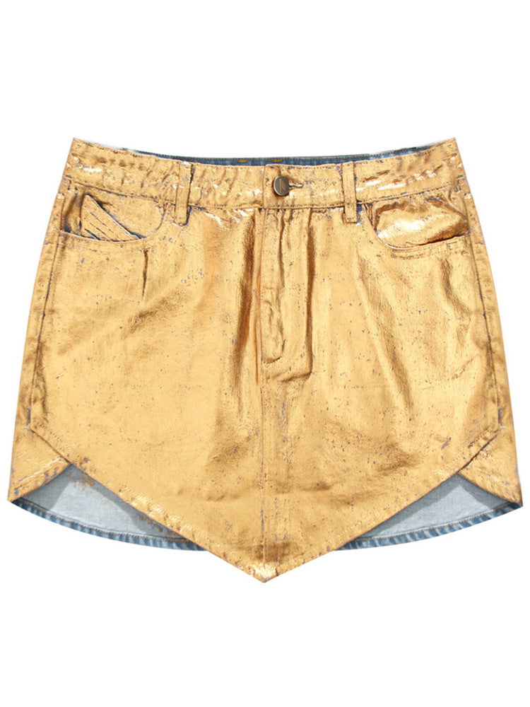 Gold Metallic Faux Leather Mini Skort Gomaki