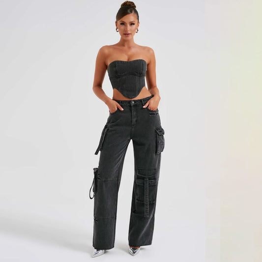 Women Suit Low Waist Stitching Jeans Pants Gomaki