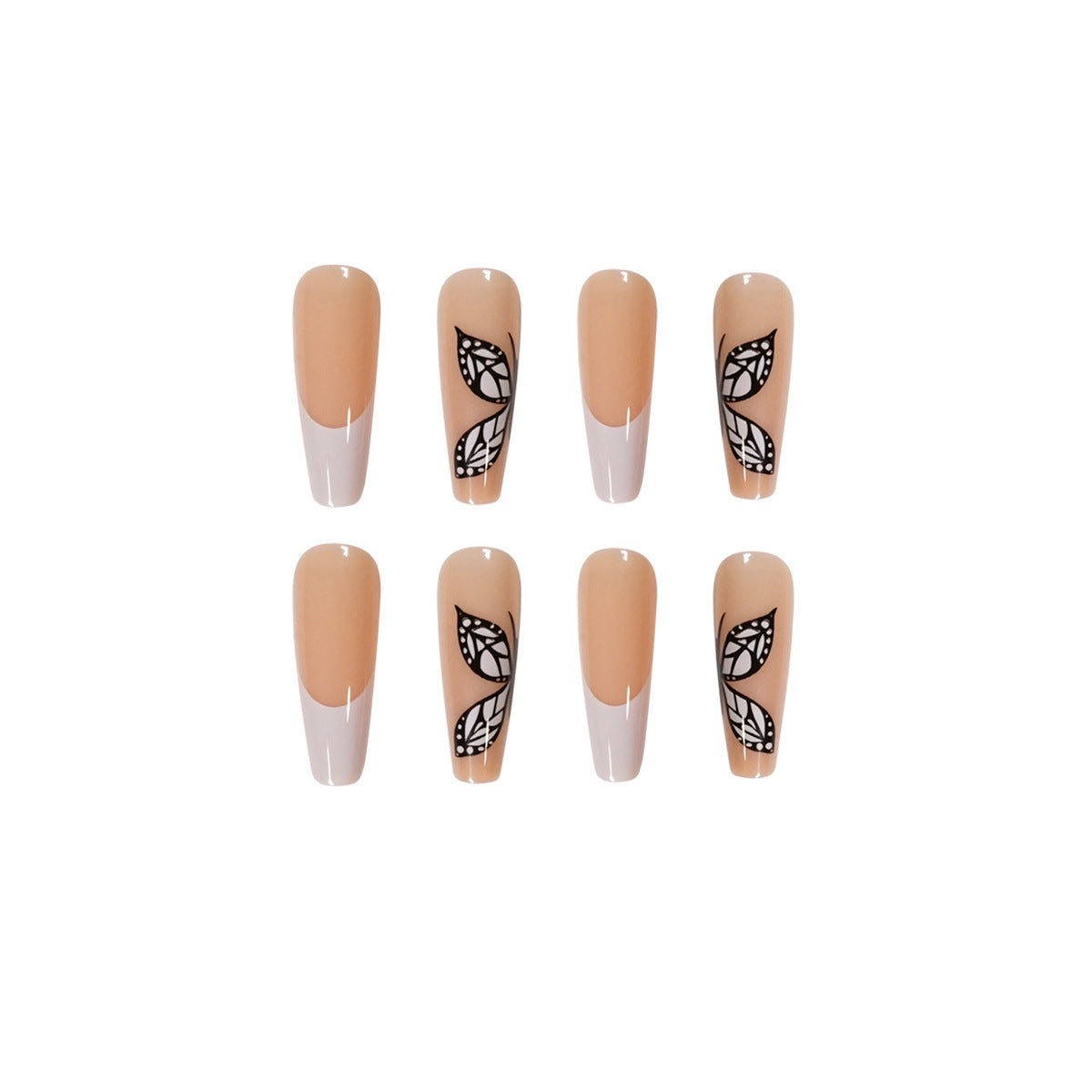French Tip Coffin Press On Nails with Leaf Art Gomaki