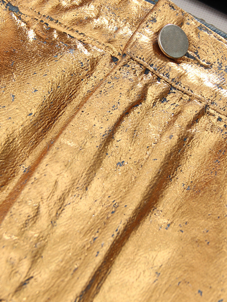 Gold Metallic Faux Leather Mini Skort Gomaki