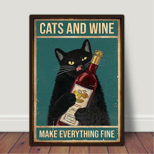 Vintage Cats and Wine Canvas Wall Sign Gomaki