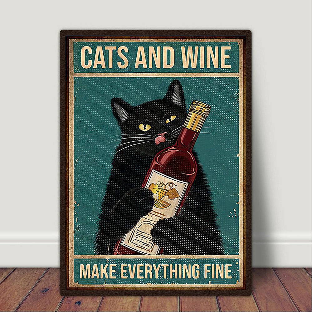 Vintage Cats and Wine Canvas Wall Sign Gomaki