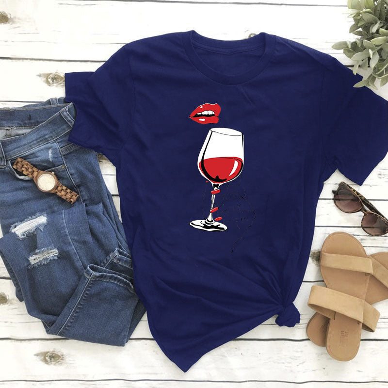 Women Graphic Wine Print T Shirt Gomaki