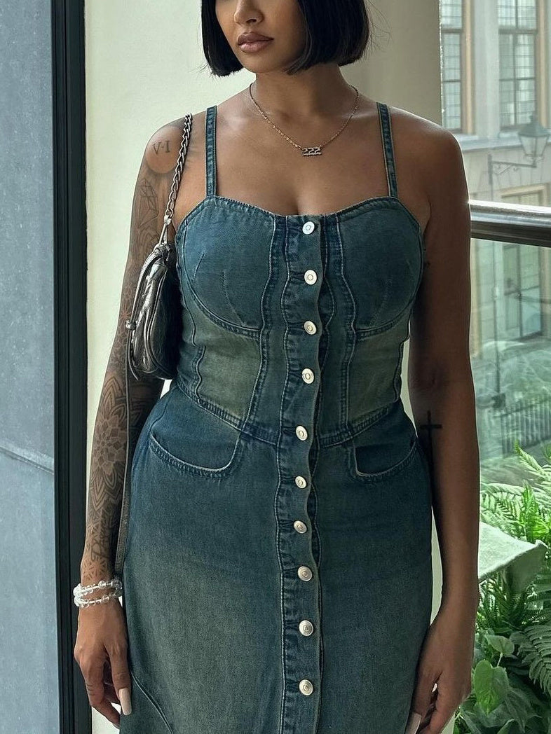 Women Denim Maxi Dress Gomaki