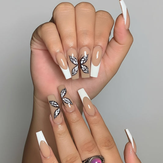 French Tip Coffin Press On Nails with Leaf Art Gomaki