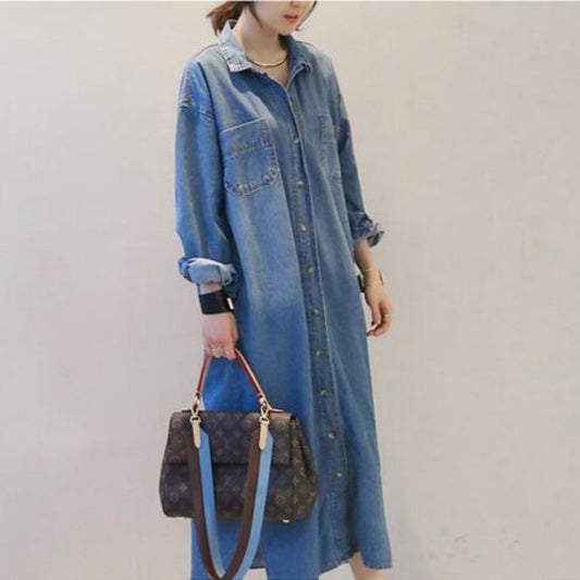 Denim Long Oversized Slit Shirt Jacket Gomaki