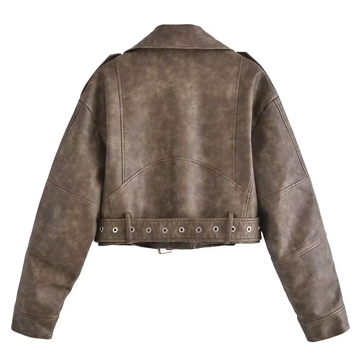 Vintage Brown Cropped PU Leather Biker Jacket Gomaki