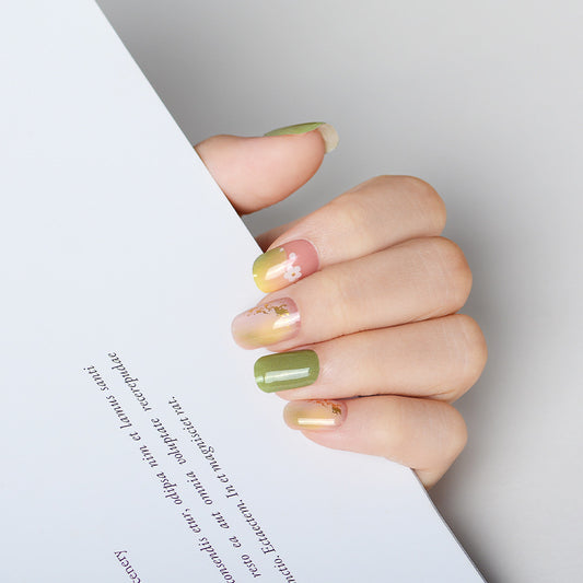 Nail Sticker Green and Gold Floral Press On Gomaki