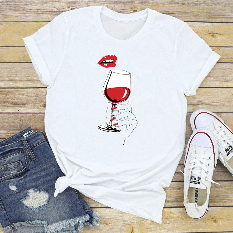 Women Graphic Wine Print T Shirt Gomaki