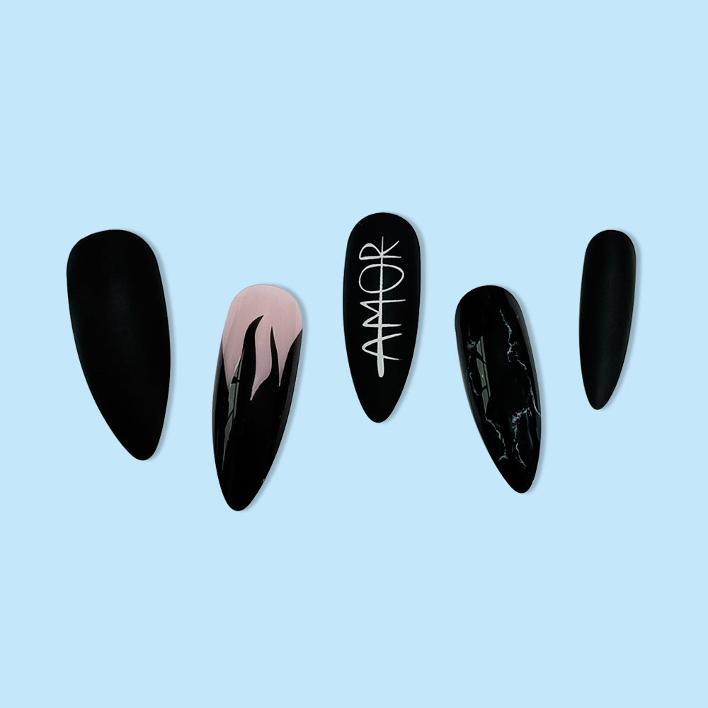 Matte and Glossy Black Almond Press On Nails Gomaki