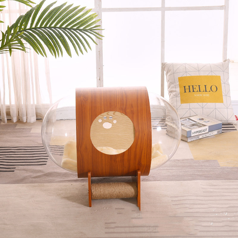 Luxury Transparent Cat Bed Wooden Capsule Design Gomaki