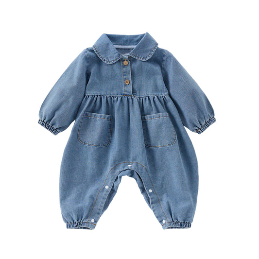 Cute Lapel Denim Rompers Jumpsuit Gomaki