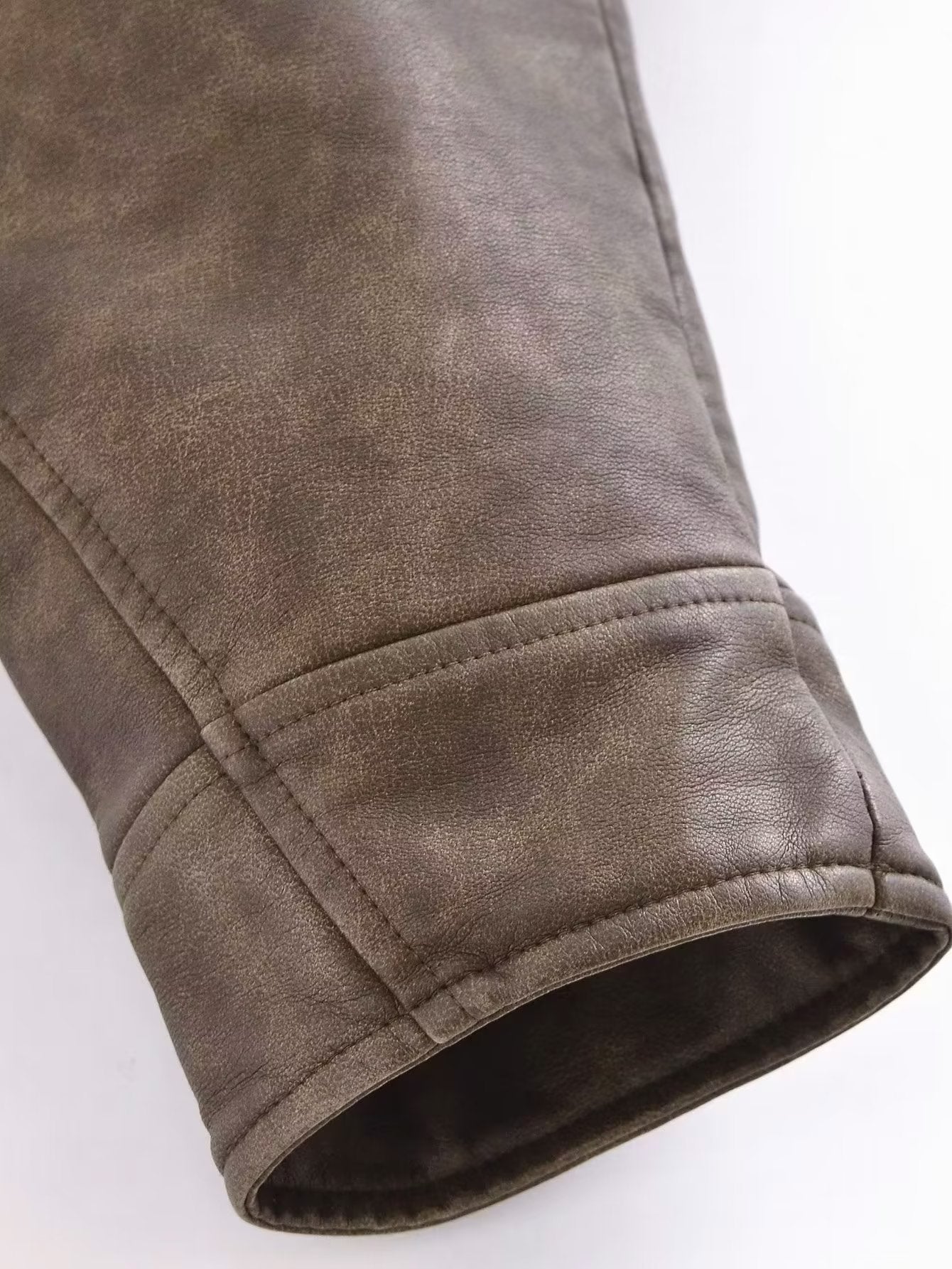 Vintage Brown Cropped PU Leather Biker Jacket Gomaki