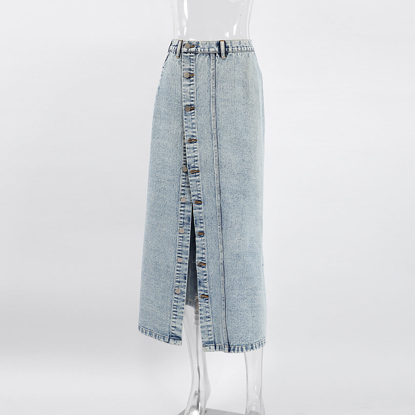 High Waist Light Wash Denim Maxi Skirt With Front Slit Gomaki