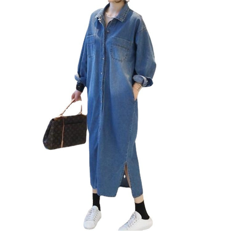 Denim Long Oversized Slit Shirt Jacket Gomaki