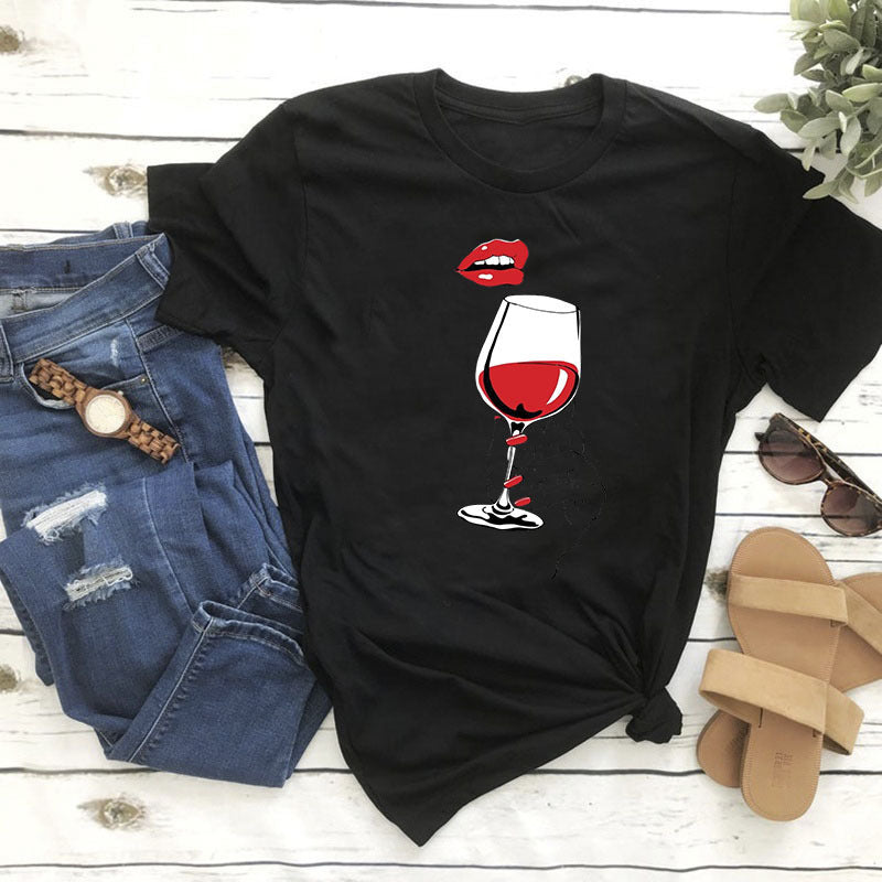 Women Graphic Wine Print T Shirt Gomaki
