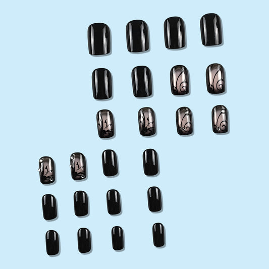 Black Gloss and Floral Art Press On Nails Gomaki