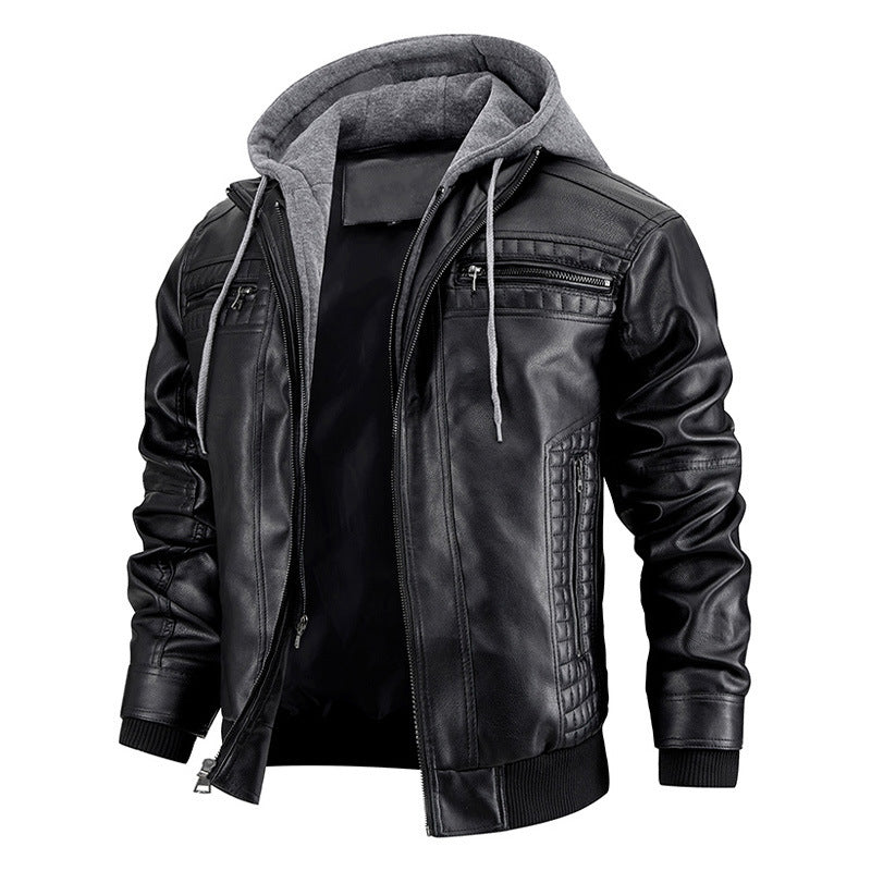 Men Faux Leather Jacket Removable Hood Gomaki