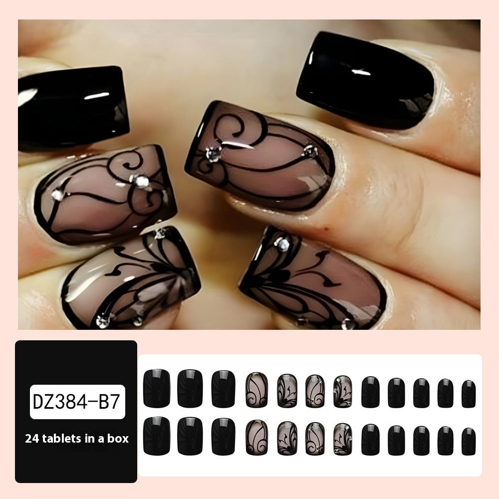 Black Gloss and Floral Art Press On Nails Gomaki