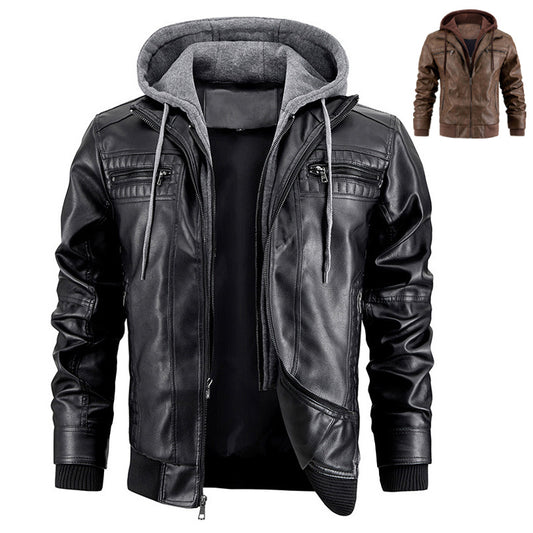 Men Faux Leather Jacket Removable Hood Gomaki