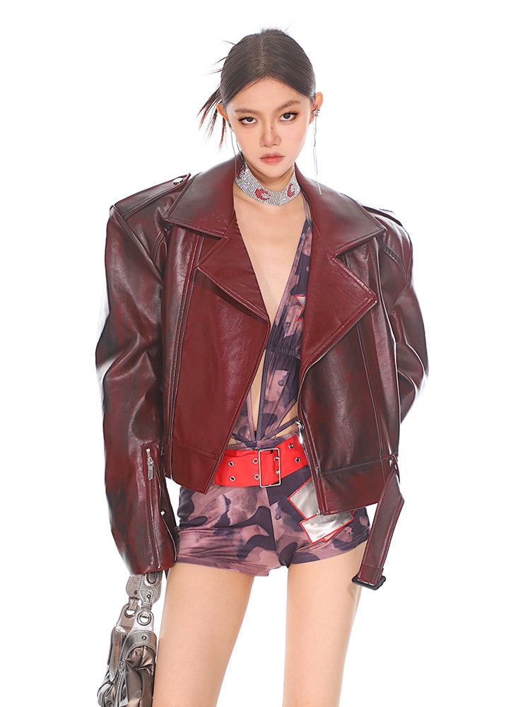Oversized Genuine Leather Jacket Burgundy Gomaki