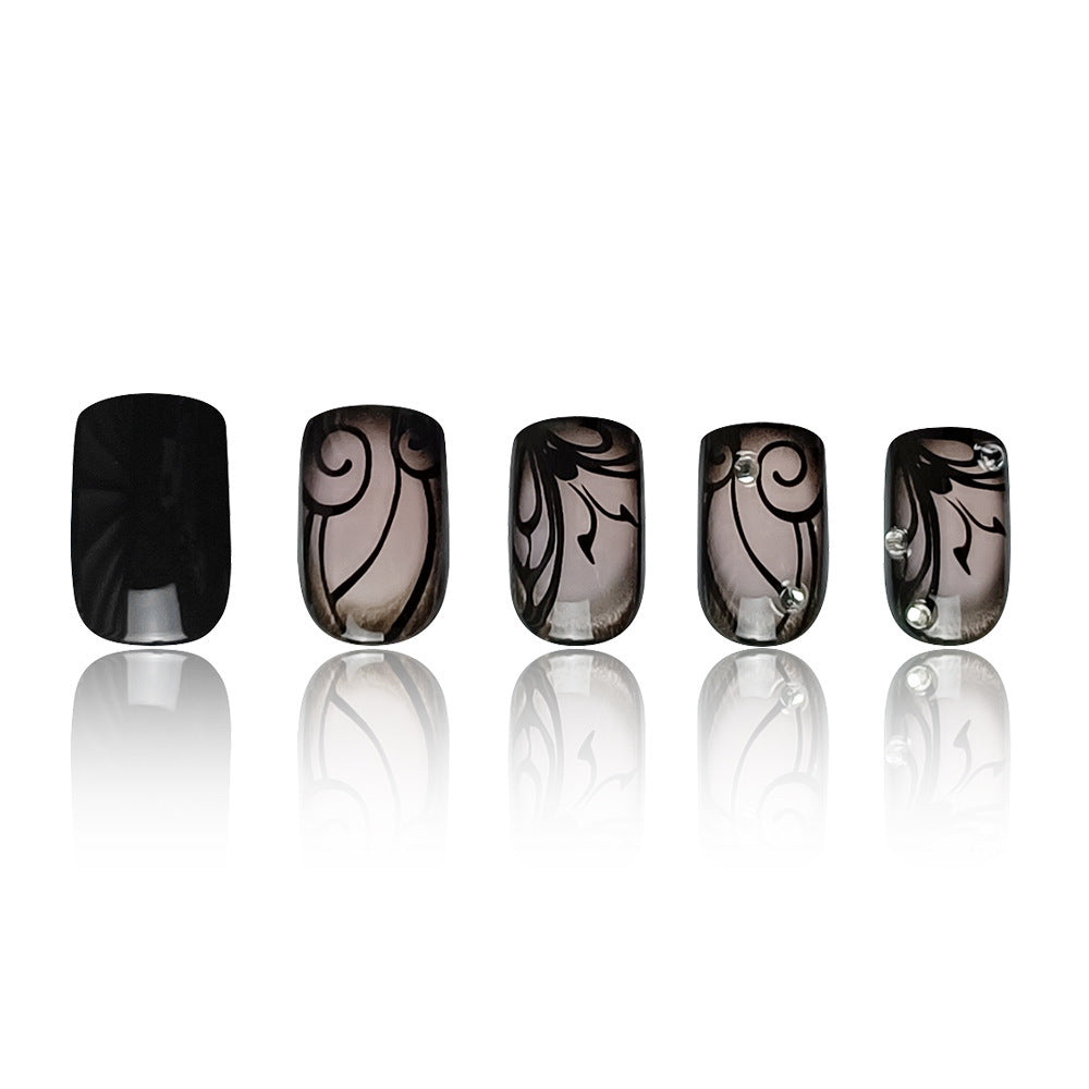 Black Gloss and Floral Art Press On Nails Gomaki