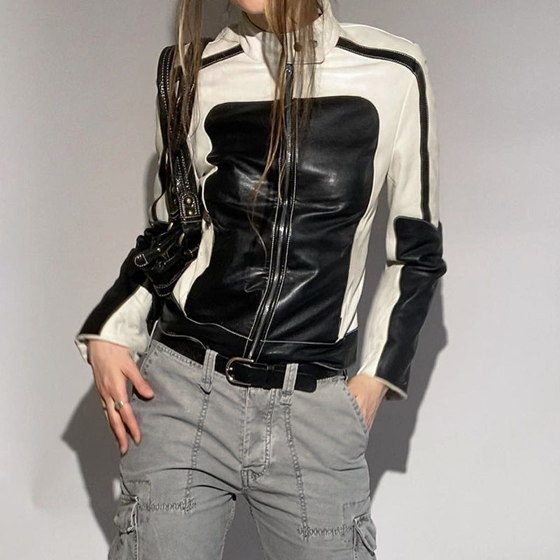 Leather Biker Jacket Slim Fit Collared Gomaki