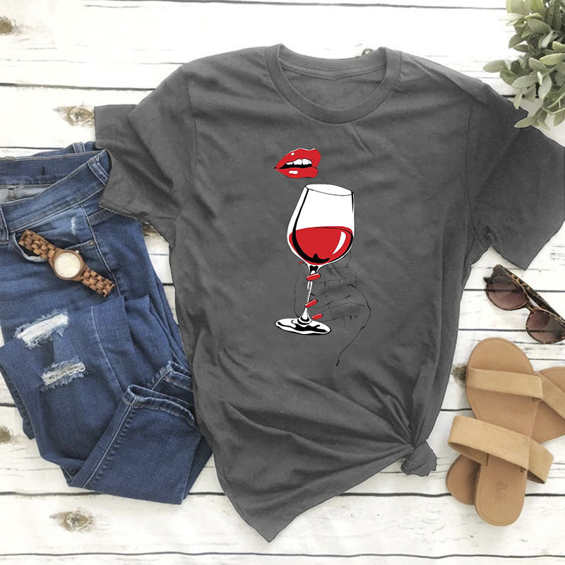 Women Graphic Wine Print T Shirt Gomaki