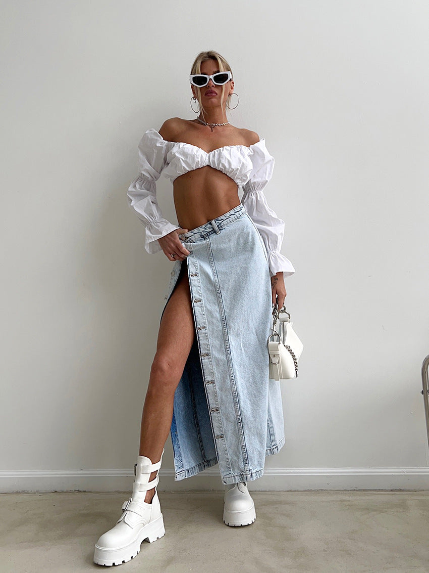 High Waist Light Wash Denim Maxi Skirt With Front Slit Gomaki