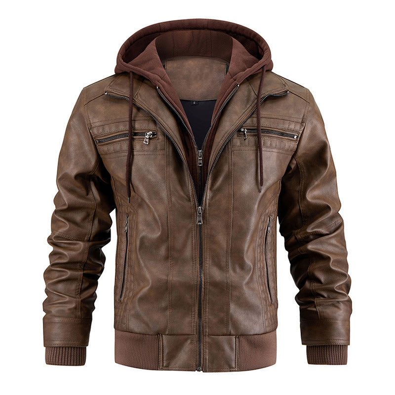 Men Faux Leather Jacket Removable Hood Gomaki