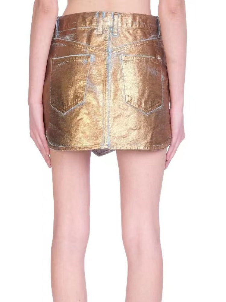 Gold Metallic Faux Leather Mini Skort Gomaki