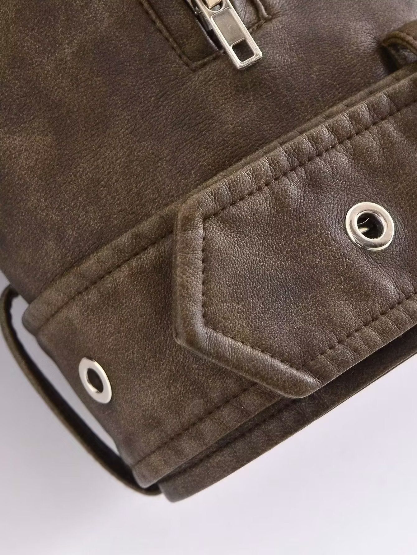Vintage Brown Cropped PU Leather Biker Jacket Gomaki