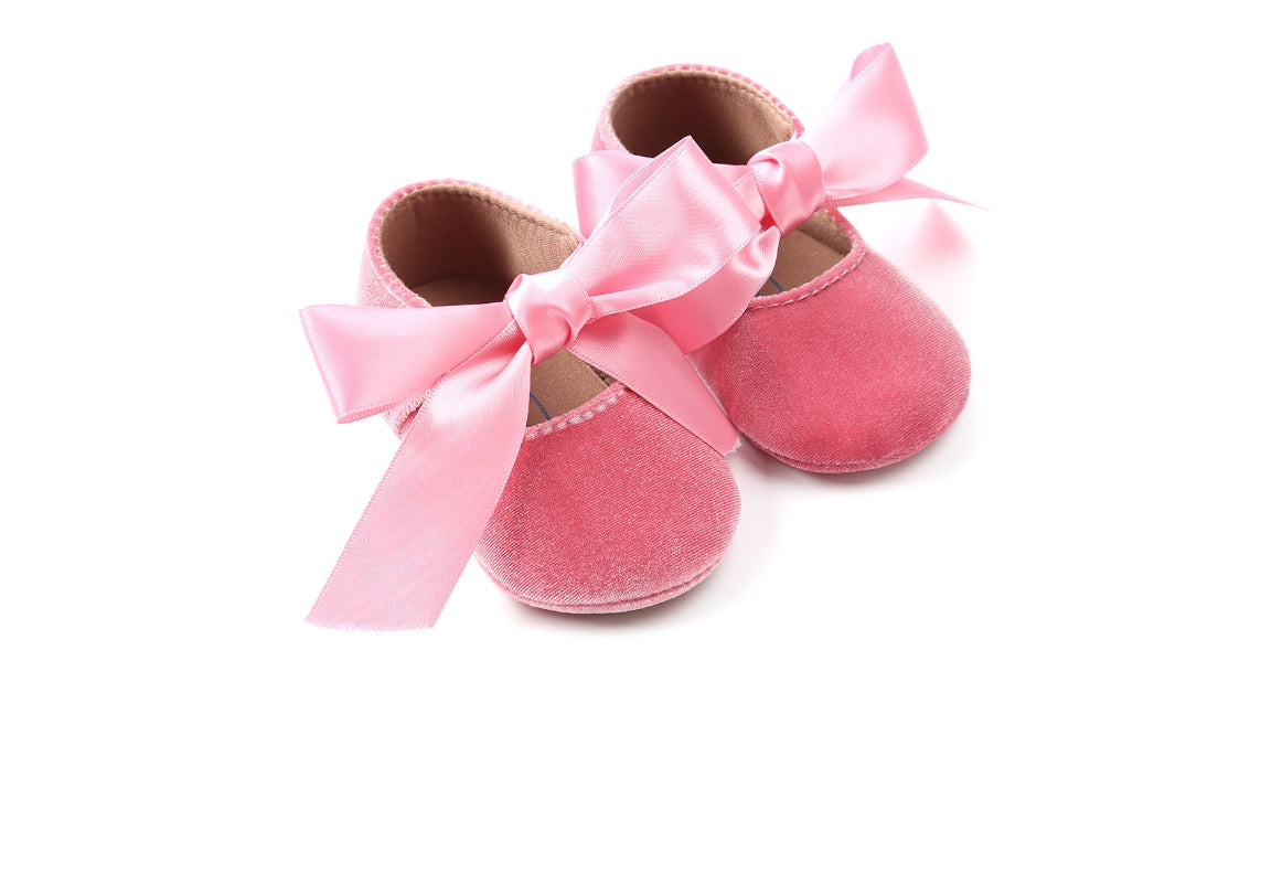 Velvet Baby Girl Shoes with Satin Ribbon Gomaki